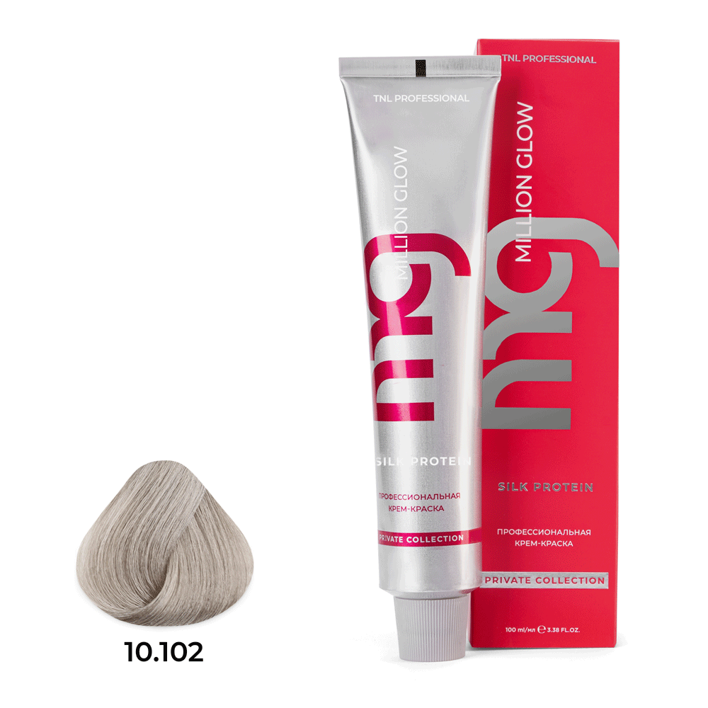 Профессиональные краски для волос:  TNL PROFESSIONAL -  Крем-краска для волос Million glow Private collection Silk protein 10.102 Платиновый блонд пепельный (100 мл)