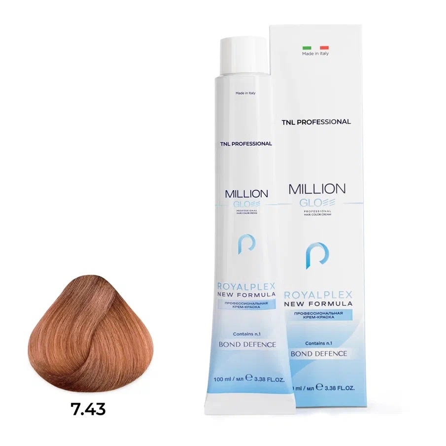 Профессиональные краски для волос:  TNL PROFESSIONAL -  Крем-краска для волос Million Gloss 7.43 Блонд медный золотистый  (100 мл)