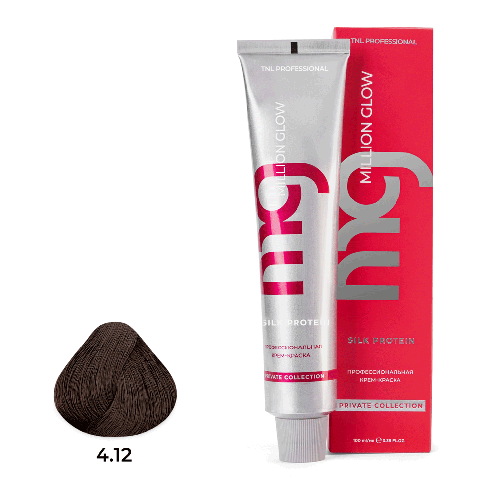 Профессиональные краски для волос:  TNL PROFESSIONAL -  Крем-краска для волос Million glow Private collection Silk protein 4.12 Коричневый пепельный перламутровый (100 мл)